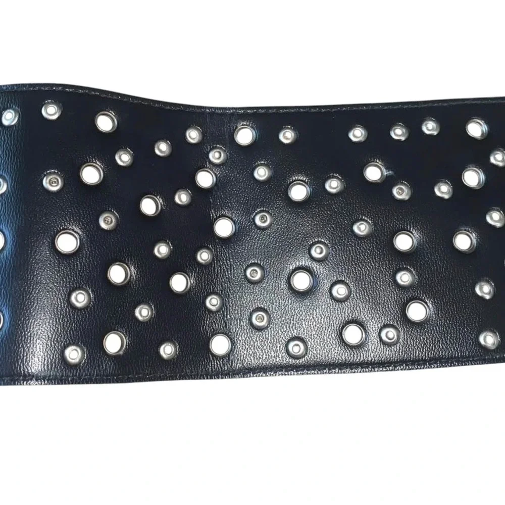 Holy Mama Black Wide Studded Grommet Waist Belt Silver D-Ring Buckle 35